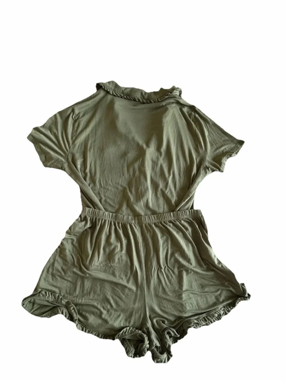 Aerie Ruffle Pajama Set Womens M Green Jersey Button Front Short Sleeve Lounge - Picture 2 of 7